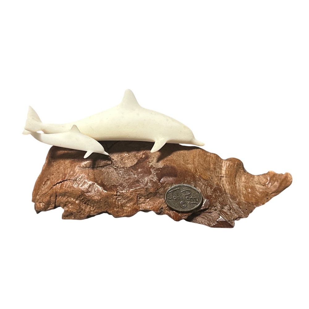 John Perry Dolphin Mother and Calf Sculpture on Natural Burl Wood Base